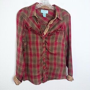 Tasha Polizzi Western Pearl Snap Shirt Women's Medium Top Plaid Leopard Ruffled